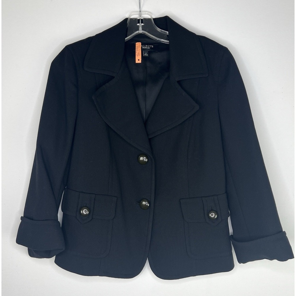 TALBOTS Classic Black Wool Boxy Structured Minimalist Button Detail Blazer Sz 4